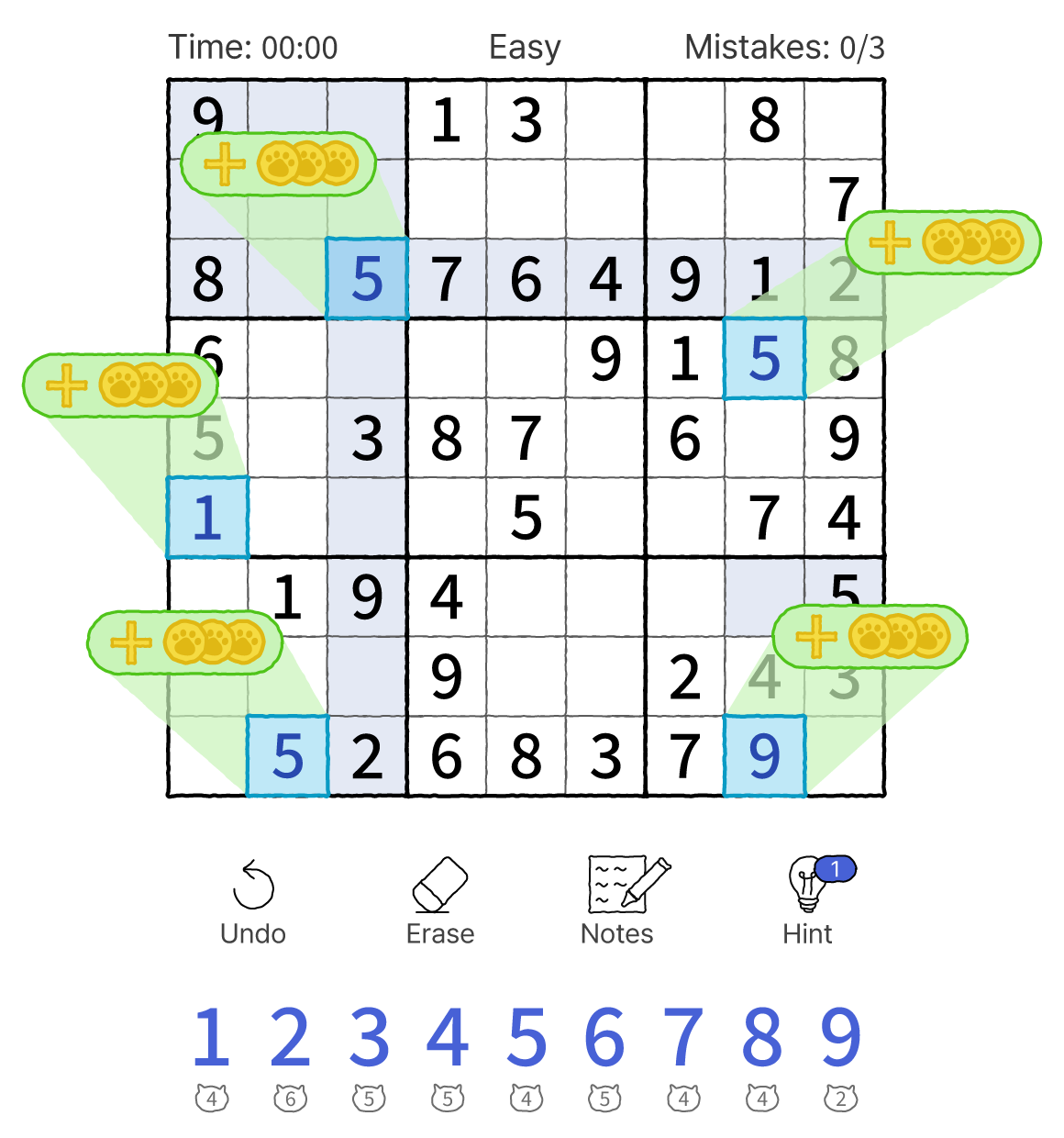 Sudoku board with cat paws collecting coins